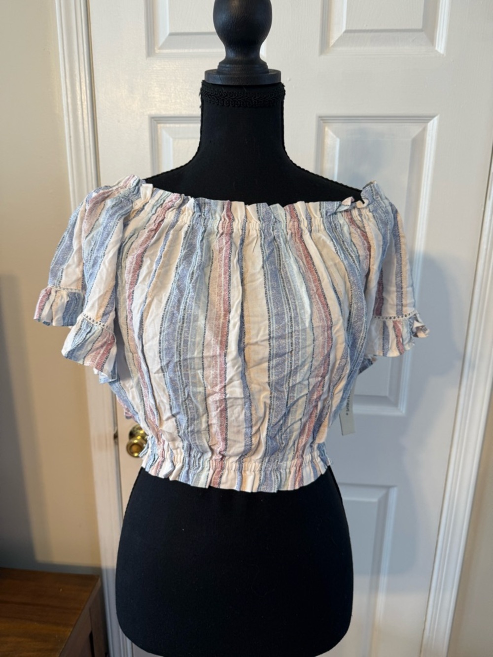 Ocean Drive Striped Off-Shoulder Crop Top in Cream, Blue & Pink